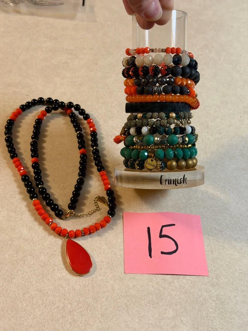 Erimish Orange, Black & Green 14 Bracelet Stack with Orange Teardrop Necklace - Picture 1 of 3